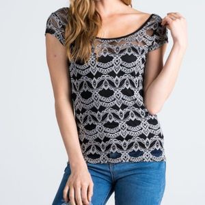 Silver Scalloped Lace Fitted Lined Top Blouse S